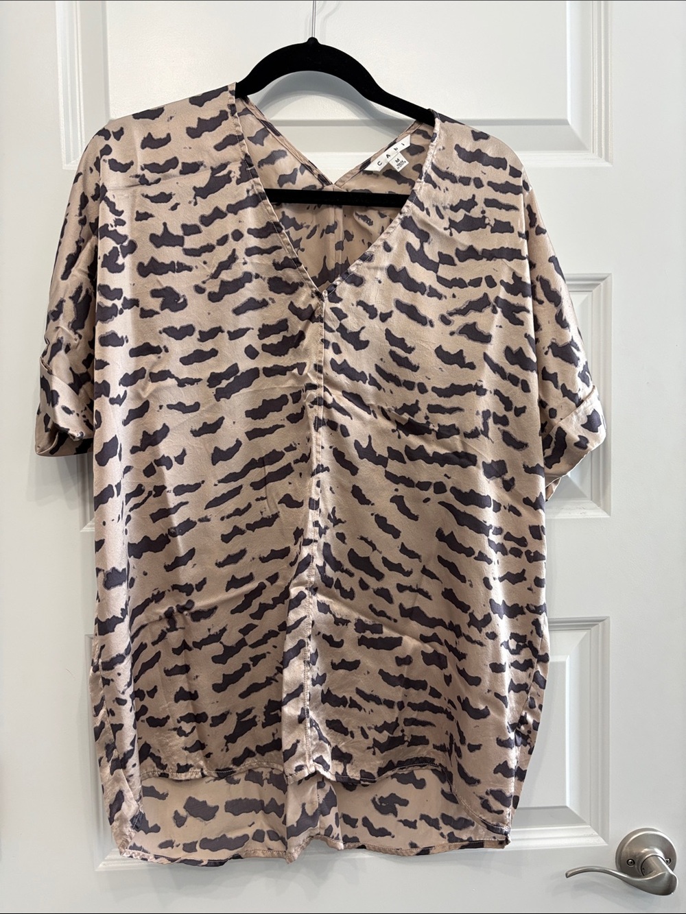 Cabi Silk V-Neck Short Sleeve Animal Print Shirt - Taupe/purplish gray